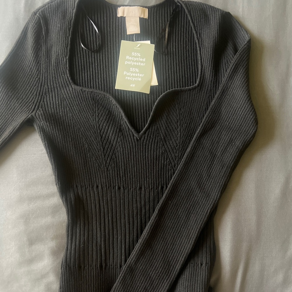 H&M NWT Black Long-Sleeve Knit Midi Dress Size Small